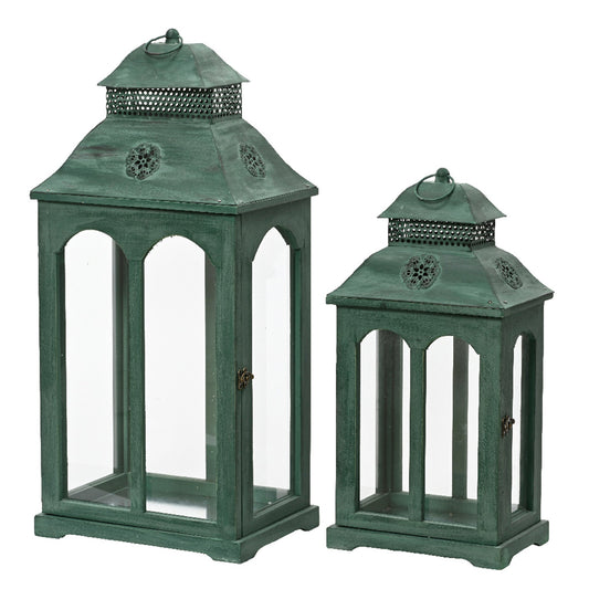 Lantern firwood rectangle with flower cut out, with four side glass fsc 100%  dark green - L.23cm x W.32cm x H.66cm - Small