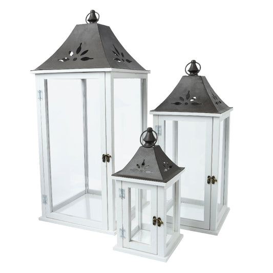 Lantern firwood rectangle white wash with cut out, with four side glass - Small