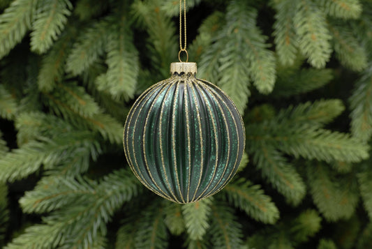 8cm green with gold glitter ridged glass ball