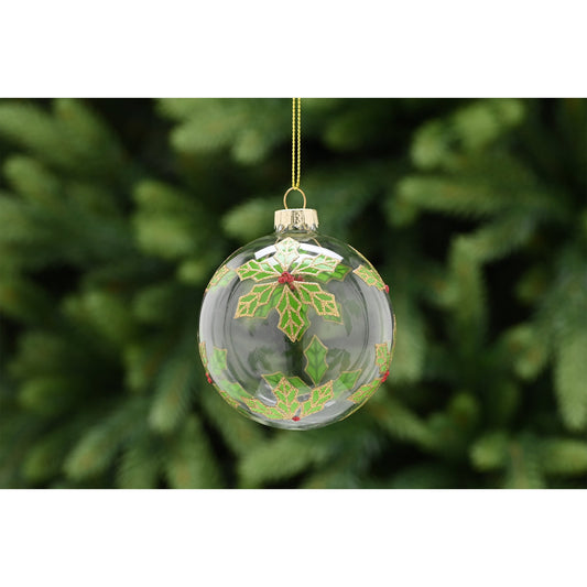 8cm clear glass ball with green holly design