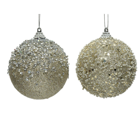 Bauble foam glitter, beads, diamonds 2ass  champagne - dia10cm