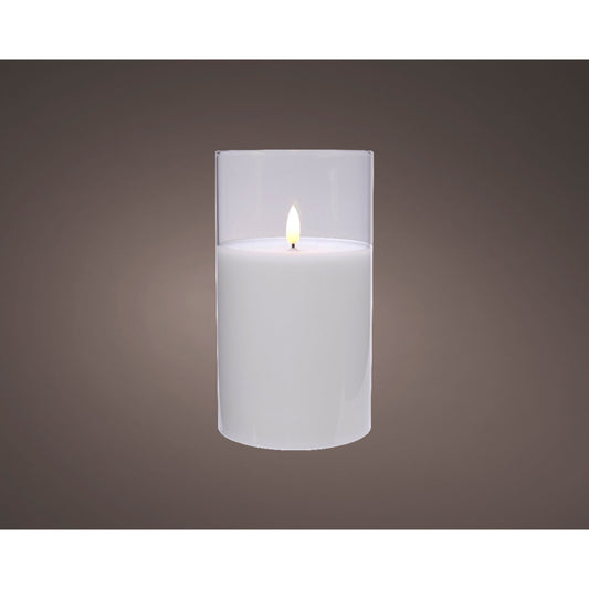 LED wick candle glass cylinder BO indoor  clear/warm white - dia7.5cm x H.12.5cm