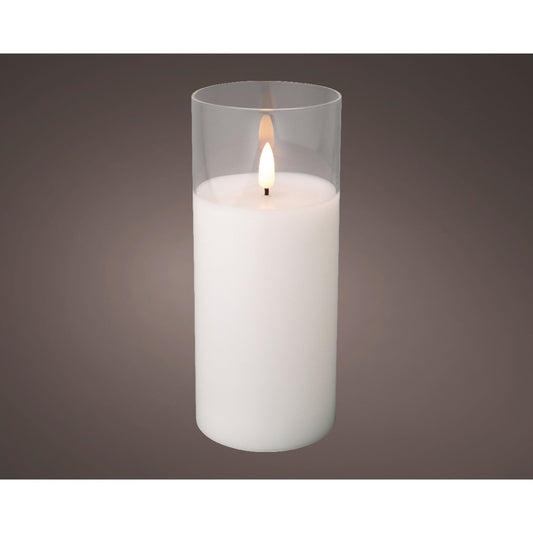 LED wick candle glass cylinder BO indoor  clear/warm white - dia7.5cm x H.17.5cm